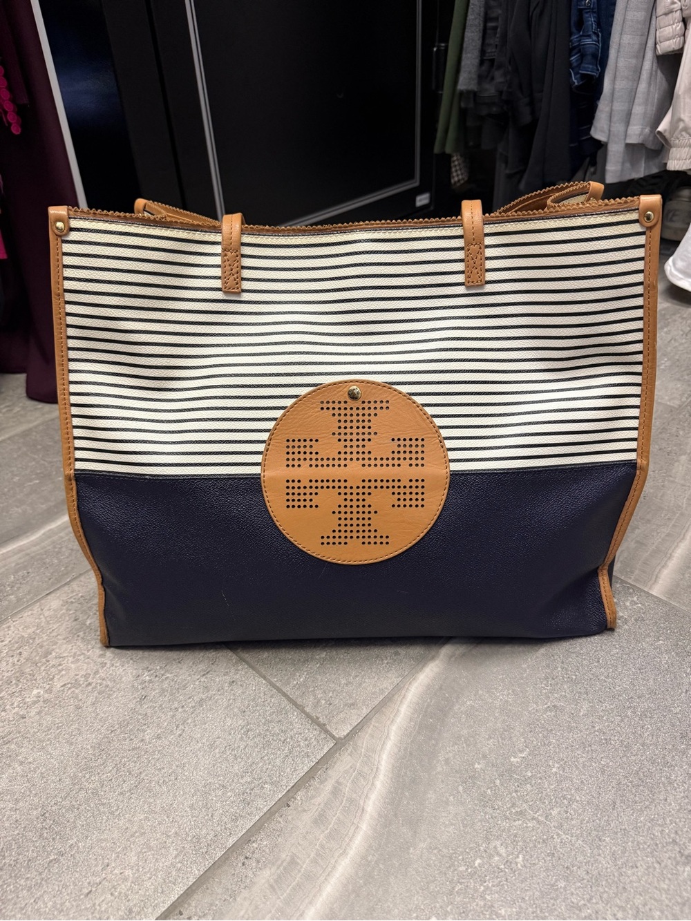 Tory Burch Navy & White Striped Tote - Picture 2 of 16